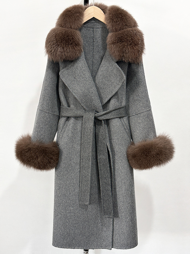 Fox fur collar double-sided wool sheep coat women's autumn and winter new long high-end woolen coat long coat women wool coat women designer