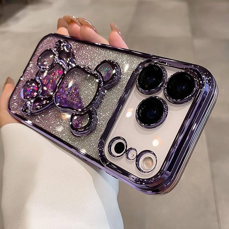 Cute Plating Quicksand Bear Case for iPhone 17 16 15 14 13 12 11 Pro Max Plus Air Glitter Bling Camera Protector Cover