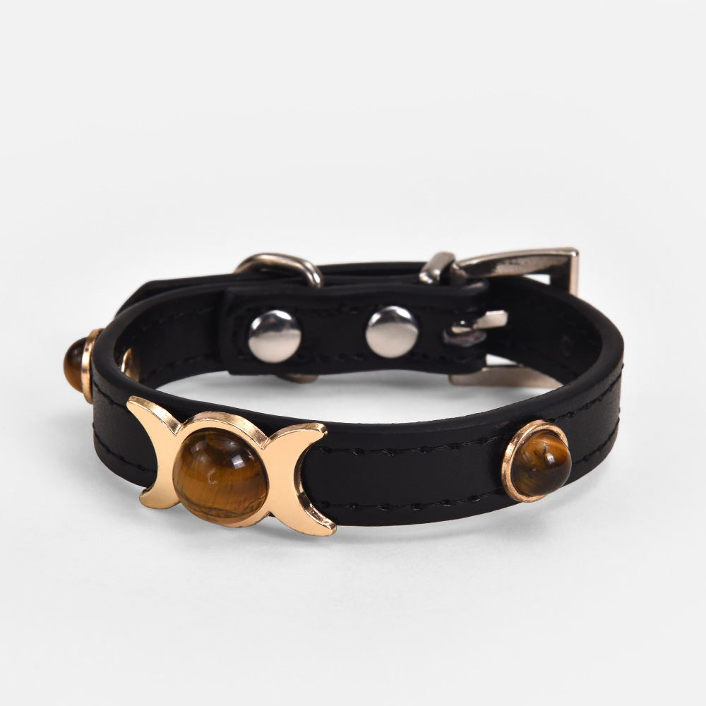 Designer Tiger Eye Stone Dog Collar - Alloy Material - Wear-resistant - Adjustable Buckle - PU Leather Cat Collar
