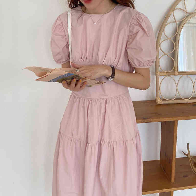 MATAKAWA Elegant Round Neck Women Dress Casual Pleated Robe Femme High Waist Long Vestidos Puff Sleeve Dresses Woman 210513