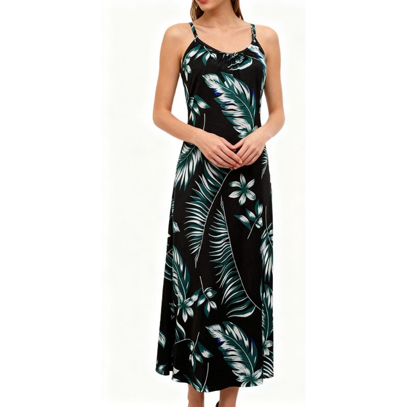 Women's Spaghetti Strap Tropical Plant Print Maxi Dress - Milk Silk Casual Vacation Black Dress-CF52273
