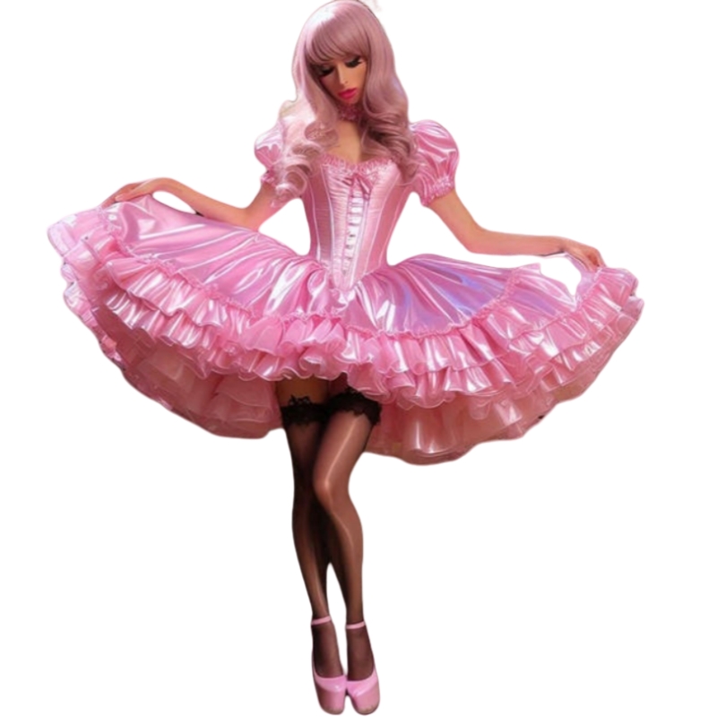 Fantasy Puffy Ball Gown Prom Dresses Ruffles Pink Lolita Party Special Occasion Dress Short Sleeves Satin Corset Pageant Gown