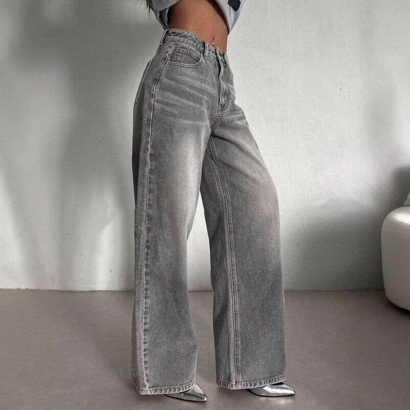 Women's Clothing Street Retro Smoky Gray Washed Jeans Autumn And Winter High Waist Loose Wide Leg Mopping Pants