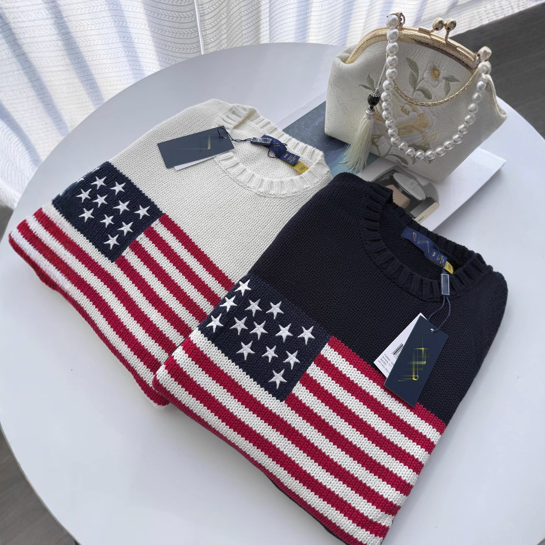 Designer sweater RL/Scannable 2025 Autumn Winter New Pure Cotton Heavy Embroidery American Flag Crew Neck Knitted Sweater Unisex