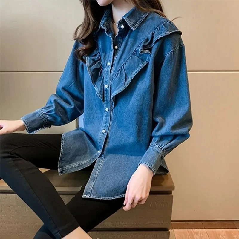 Korean Female Long Sleeved Denim Shirt Coat Spring Autumn Women Leisure Loose Fitting Jeans Coat Ladies Fashion Cowboy Blouse 250811A