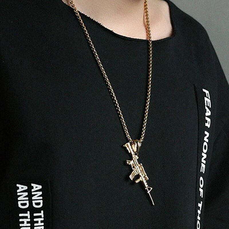 Men's hine Gun Pendant Necklace Hip Hop Punk Black Gold Color Stainless Steel Chain Retro Accessories Hippie Rapper Jewelry