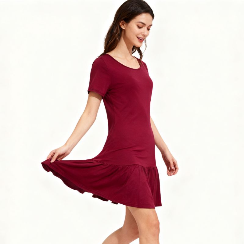 Women's Short Sleeve Solid Red Ruffled Hem Dress - Milk Silk French Elegant Casual Dress-CF52791