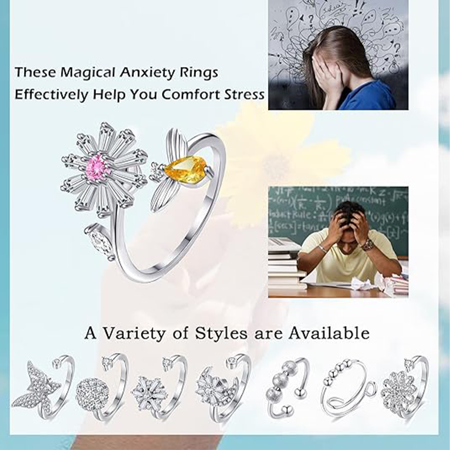 Fidget Anxiety Rings Rotatable Stress Relief Bead Ring Size Adjustable Open Design Ring Spinner Inlaid Cubic Zirconia Ring Jewelry for Women Gifts