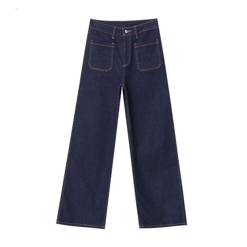 Women's Clothing Retro Style Bright Line Double Pocket Design Ing Straight Wide Leg Jeans