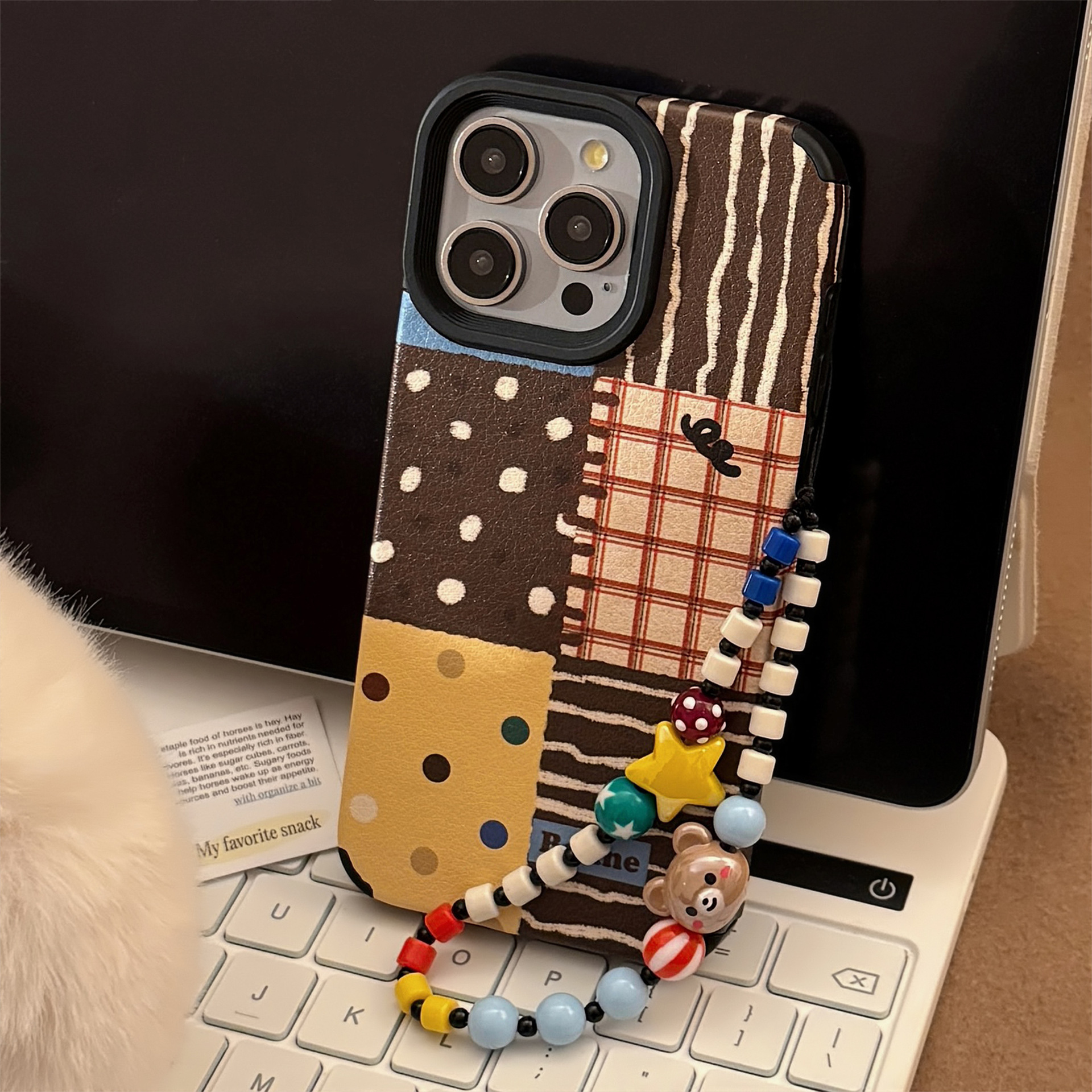 INS Polka Dot Patchwork Compatible iPhone 17 Apple 16 Phone Case 15 Pro Max Leather 14 with Chain 13