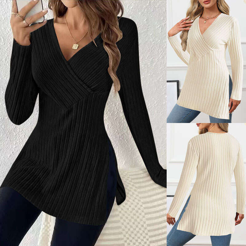 Women's Clothing Autumn Winter New Long Sleeve Solid Color V-Neck Casual Home Ribbed Top