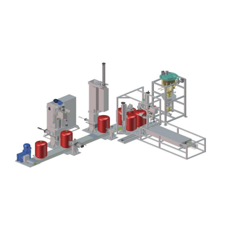 Cart-fed filling line for automatic filling of cart-fed dry powder fire extinguishers