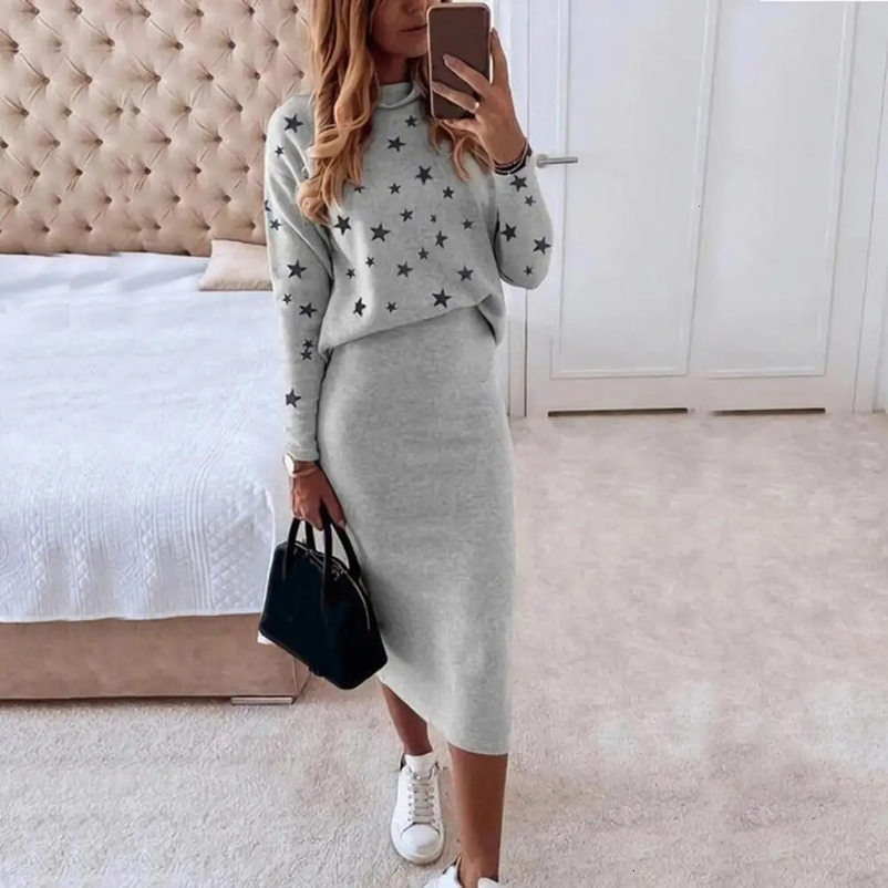 Women Skirts Casual 2 Piece Set Autumn Winter Turtleneck Long Sleeve Loose Print Top Slim Pencil Skirt Fashion Office Lady Suits 240226wtt