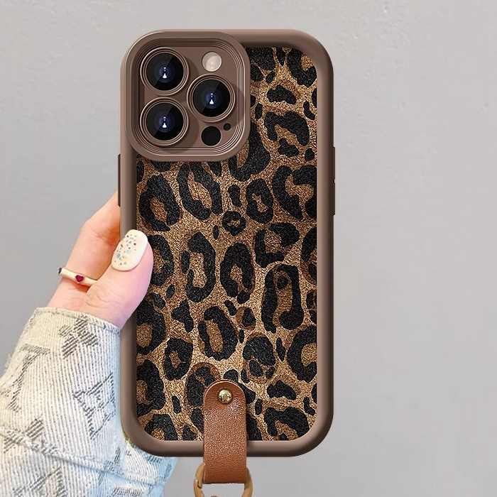 Leopard Print Lanyard Compatible with Apple 17 Phone Case 16PROMAX Lambskin 15 Matte Silicone Premium Shockproof