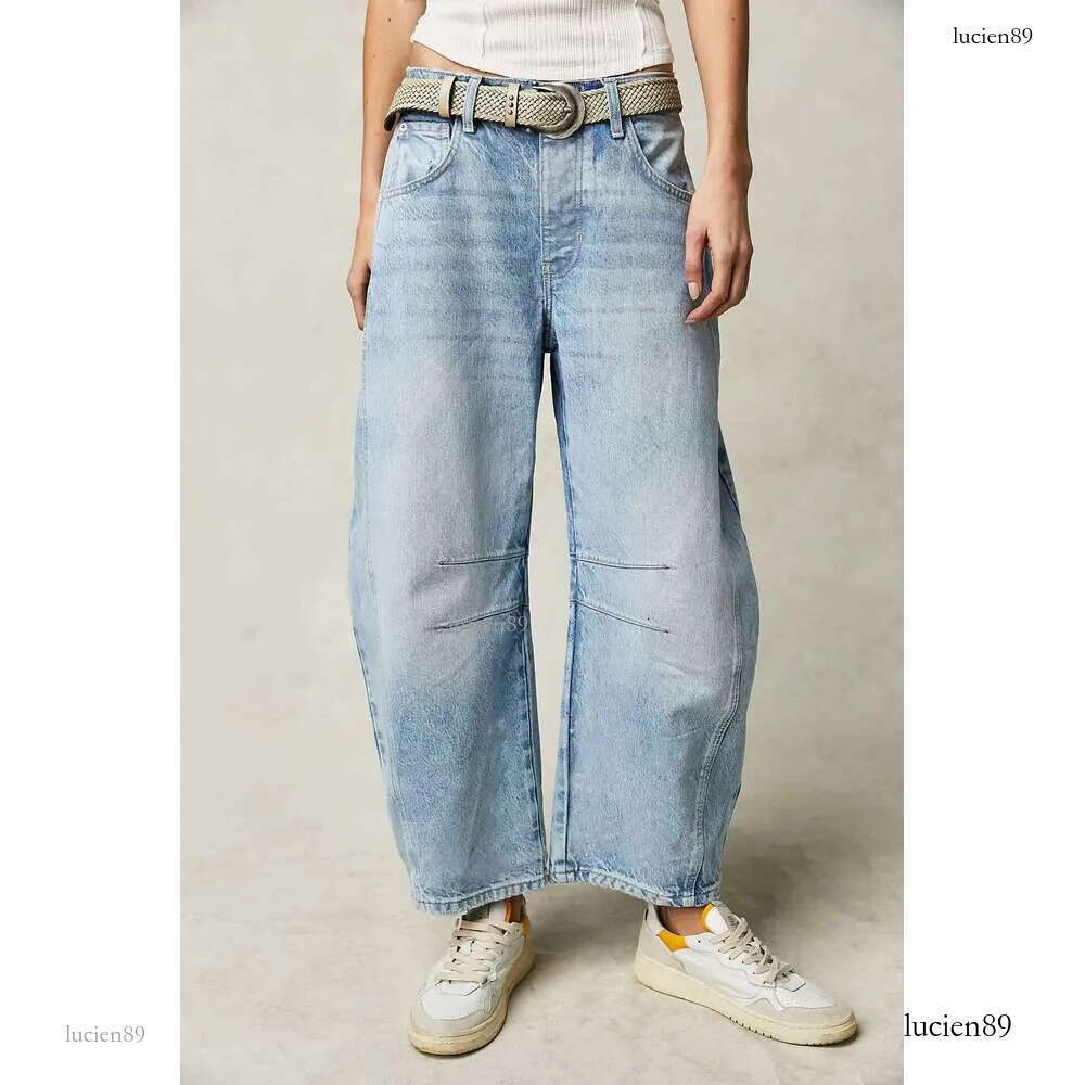 Free Shipping American Style Denim Splice Design Straight Pants People Boho Loose Mid Waist Trousers Cropped Jeans