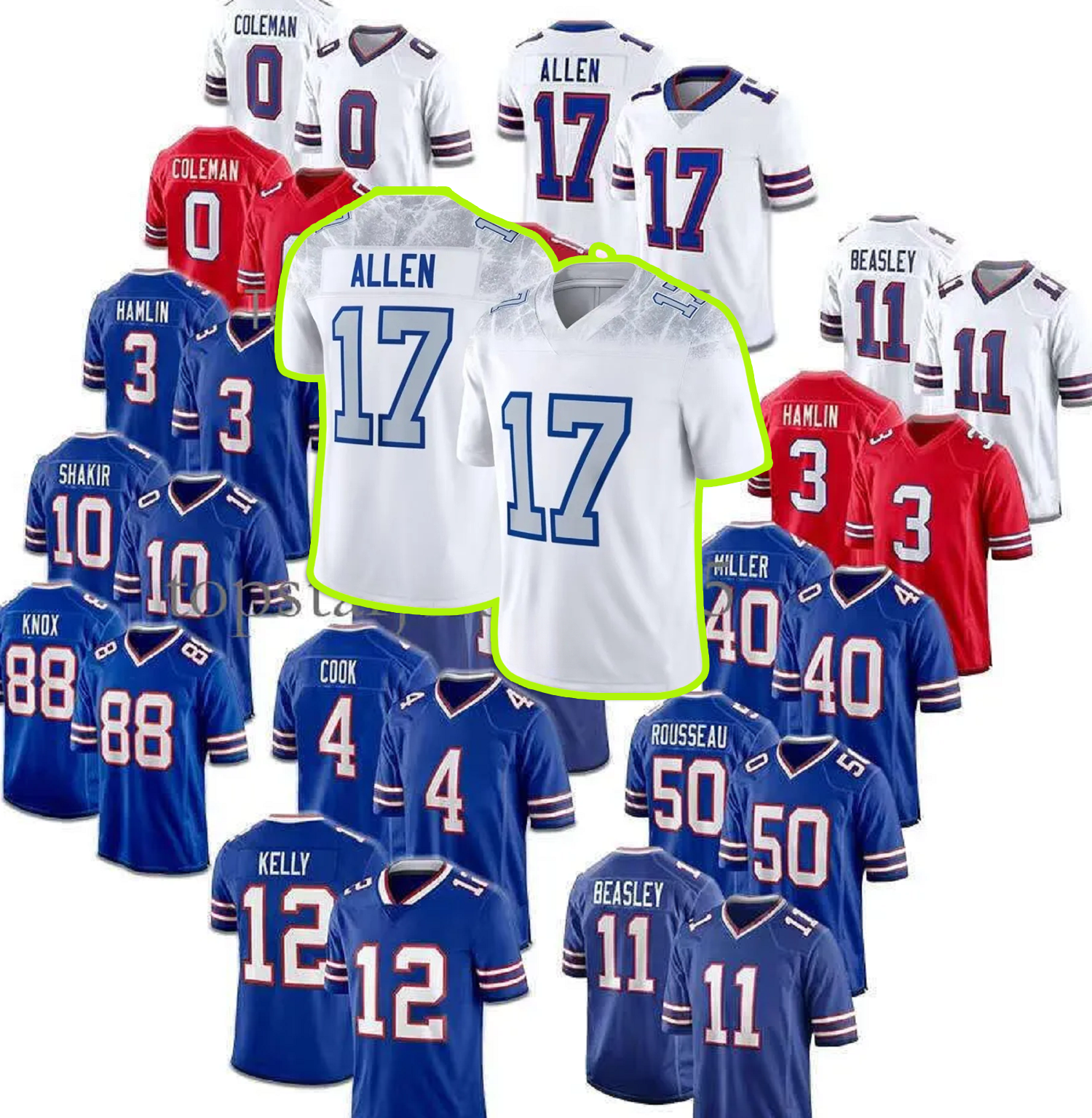 17 Josh Allen 4 James Cook 10 Khalil Shakir 86 Dalton Kincaid Men ed American Football Game Limited Jersey