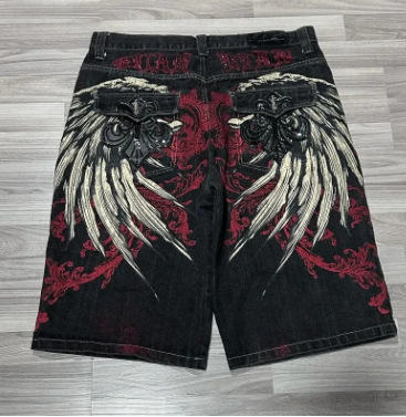 HipHop Gothic Dark Style Pattern Printed Denim Shorts for Men High Street Quirky Personality WideLeg FivePoint Shorts 240722