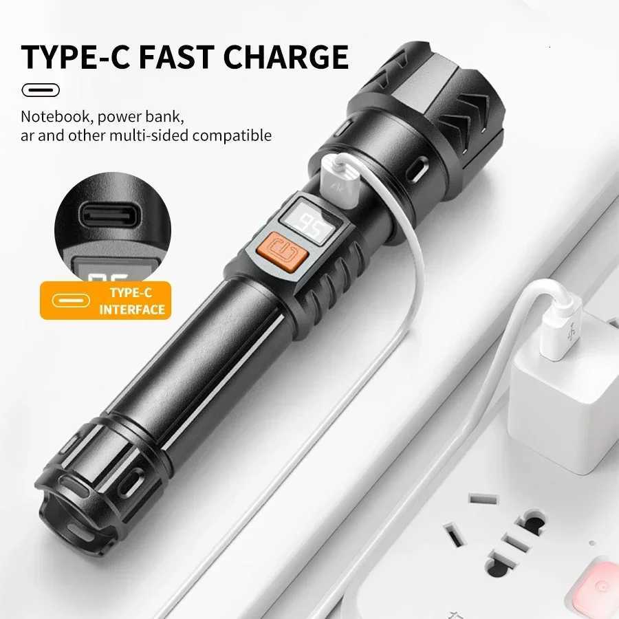 High Strong Power Led Flashlights 2000LM Tactical Torch with Display Light USB Charging Camping Fishing Emergency Zoom Lantern D2509281