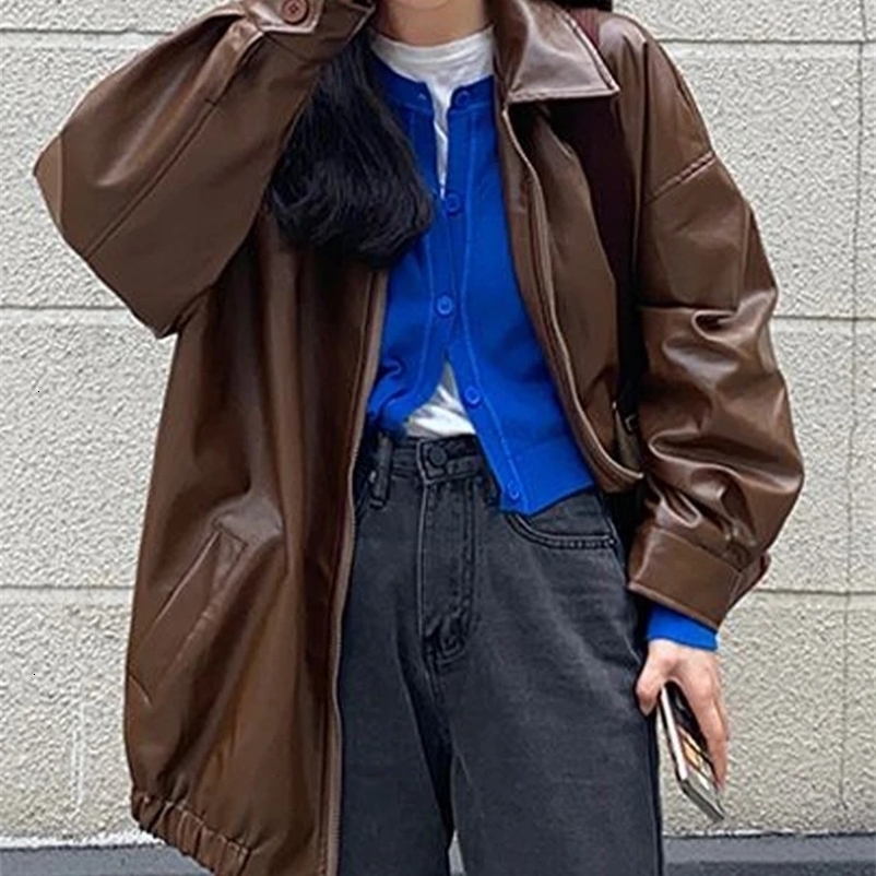 Black PU Leather Jacket Women Korean Fashion Moto Biker Zipper Jacket Female Autumn Winter Vintage Loose Long Sleeve Y2K Coat 240723