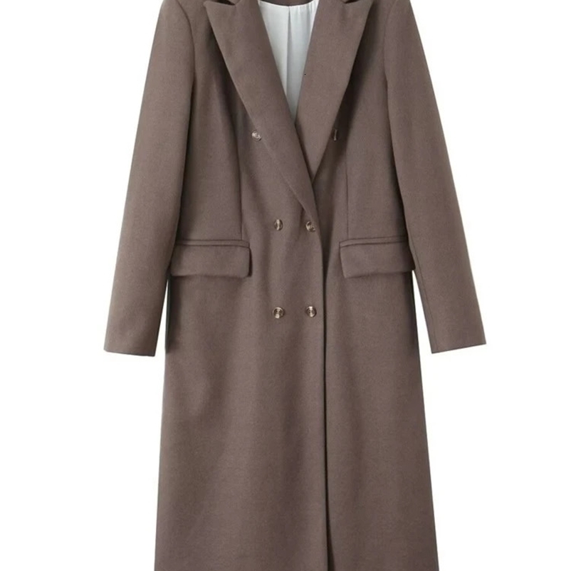 TRAF GAL Winter Elegant Women Trench Coat Long Sleeve Laple Double Breasted Medium Length Overcoat Jacket Woolen Coat 240909