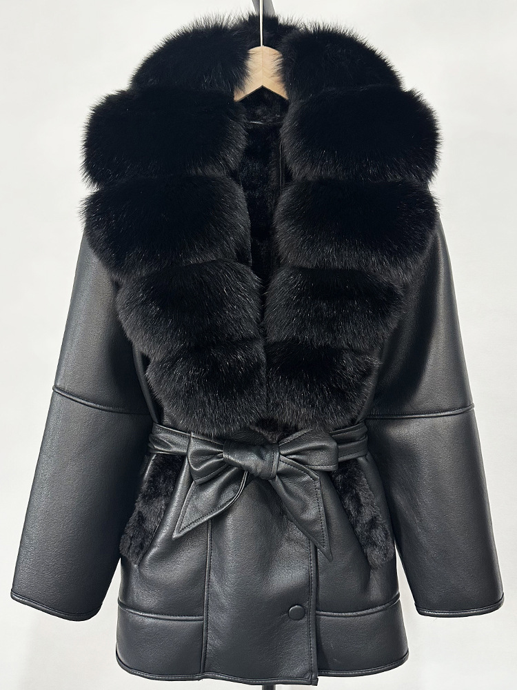 Womens Fur Collar Leather Jacket - European & American Designer Style with High-Waist Cinch