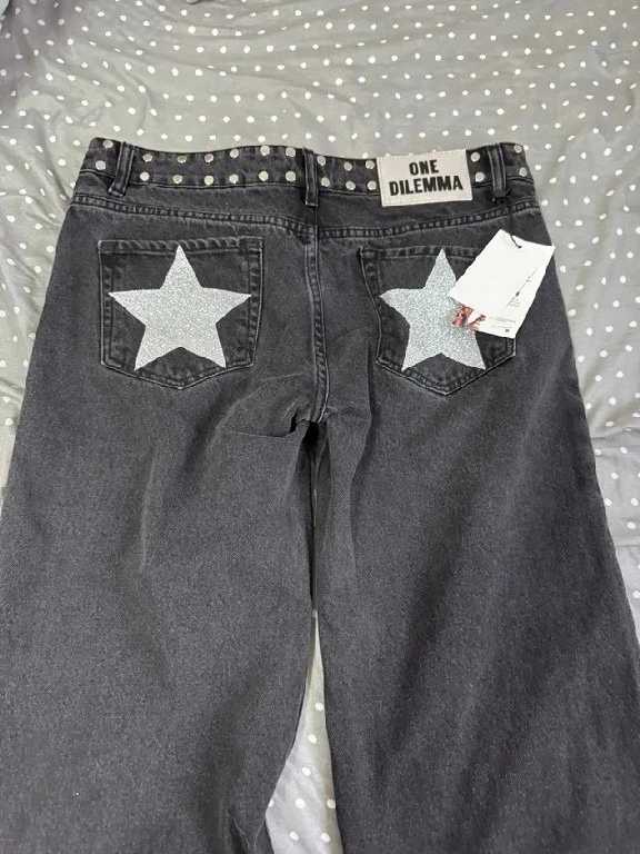 American ONE DILEMMA Jeans Y2K Womens Gothic Five Pointed Star Sequined Rivet Baggy Jeans Fashion Casual Mid Rise Slim Trousers L250926