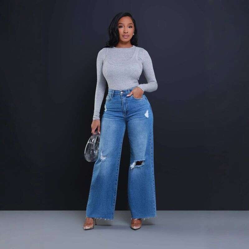 Vintage Fashion Hollow Out Denim Wide Leg Pants Women Zipper Hole Pockets Jeans Female Streetwear Trousers Bottoms