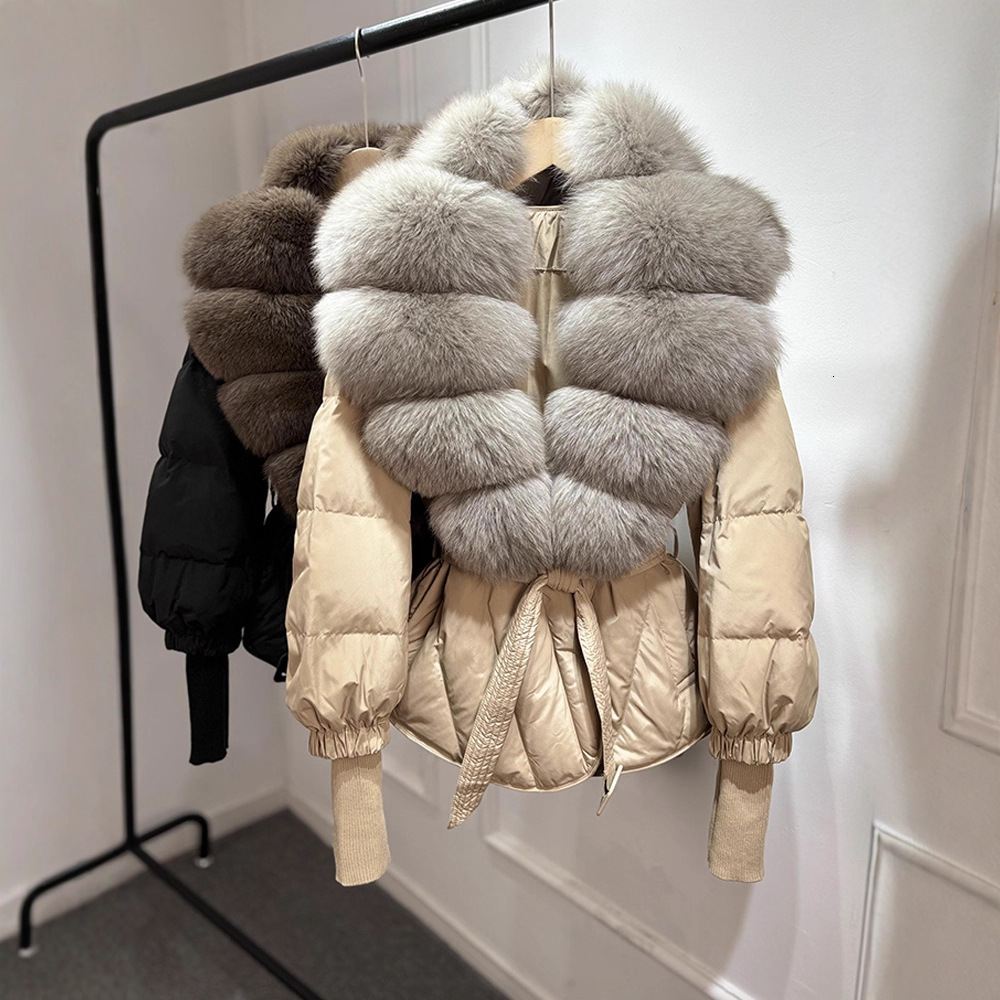 2025 Dongdaemun New Style Knitted Sleeve Belt Fashion Women's Short Down Jacket with Fox Fur Collar