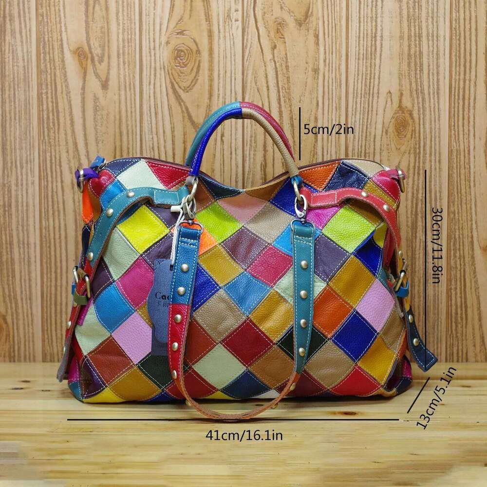 Leather cowhide random plaid color national style handbag shoulder crossbody Tote bag