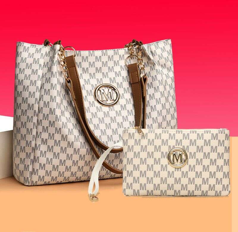 Stylish M-Print Tote & Clutch Bag Set With Chain Strap - Versatile PU Handbag Combo For Women Black/Brown/White