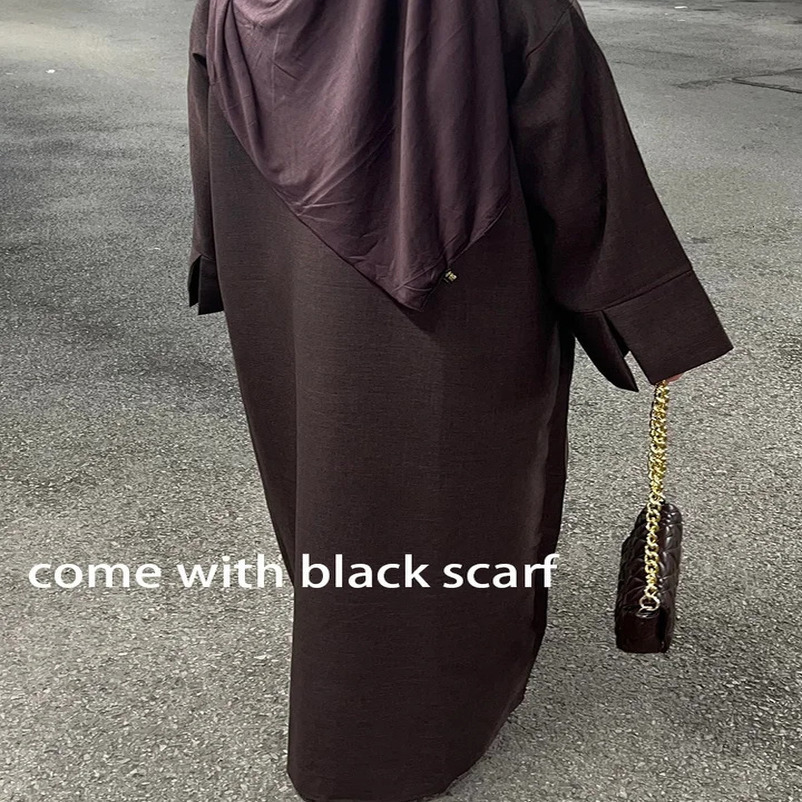 Linen Closed Plain Abaya Kimono Turkey Kaftan Long Dress for Ramadan with Two Side Split Sleeves Muslim Chiffon Hijab 240715