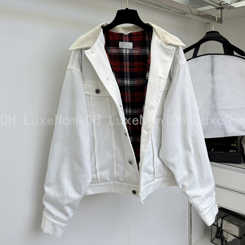 Women Denim Jacket Corduroy Lapel Fashion Coat With Pocket Checked Lining Jackets