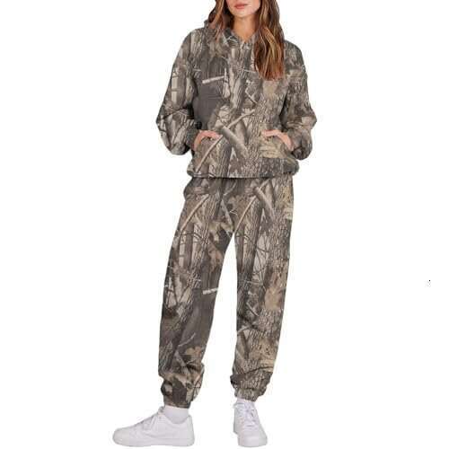 Women's Camouflage Leaf Sports Two-Piece Hooded Long Sleeve Sweatshirt and Sweatpants Set