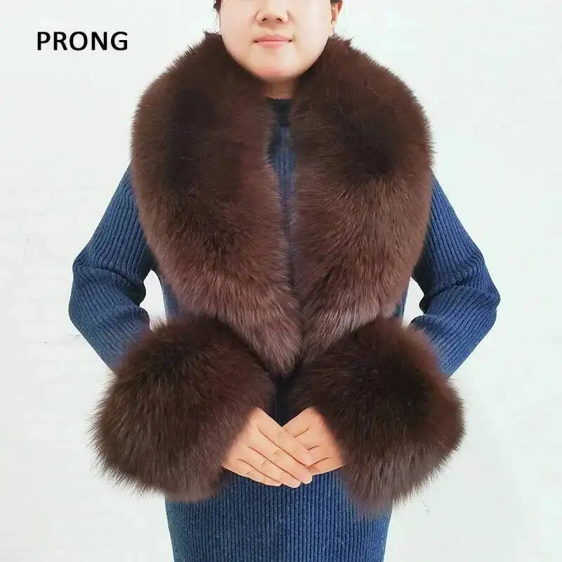 Winter Real Fox Fur Collar Cuffs Set Neck Warmer Fur Scarves Shawls Natural Fox Fur Collar Scarf Women Men Coat Warm Accessories 250928