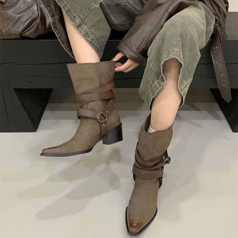2025 Western Cowboy for Pointed Toe Chunky Heel Belt Buckle Rivet Mid-Calf Martin Women Boots