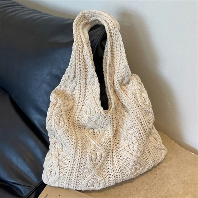 Wool Knitted Shoulder Shopping Bag for Women Vintage Cotton Cloth Girls Tote Shopper Large Female Handbag Crochet 240802ZYl