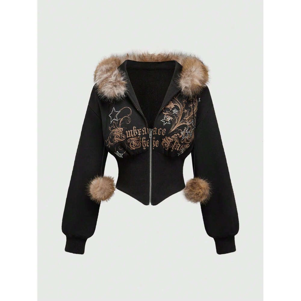 American Style Fur Collar Patchwork Cardigan Sweatshirt Casual Zipper Waist Slimming Short Jacket Top
