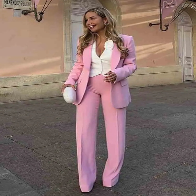 Pink Blazer Suits Long Sleeve High Waist Pants Suit Autumn Winter 2 Piece Set Office Lady Streetwear Two Clothes 240226wtt