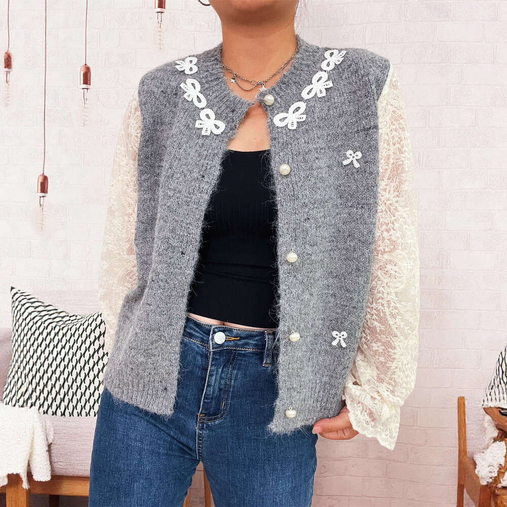 Autumn and Winter New Elegant Commuting Lace Sleeve Spliced Bow Knitted Button Sweater Cardigan