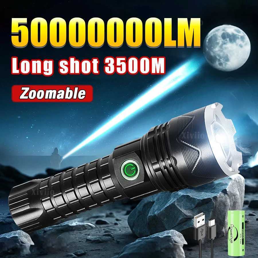 5000000LM Powerful Flashlight USB Rechargeable Flashlights Long Range 3500M Tactical Torch Outdoor Fishing Camping Zoom Lanterns D250928