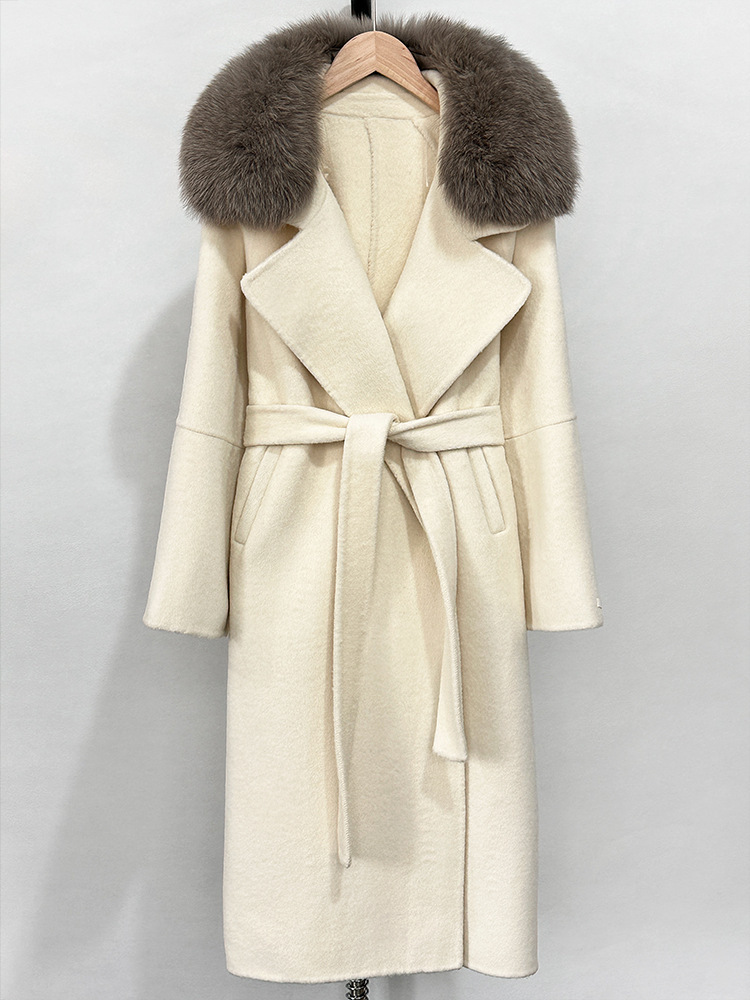 2025 French lazy women's slim fit coat with fox fur collar and lace up double-sided cashmere long woolen coat long coat women wool coat women des