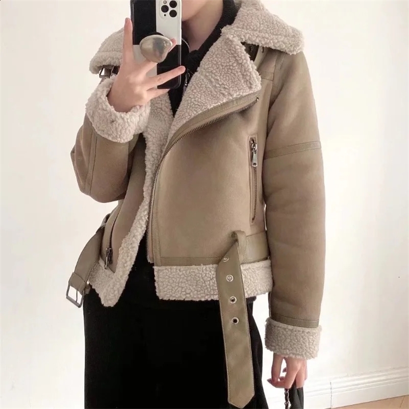 Winter Suede Jacket Faux Fur Lambwool Coat with Belts Casual Thick Warm Biker Jackets Zipper Oversize Leather Windbreaker 250103Z