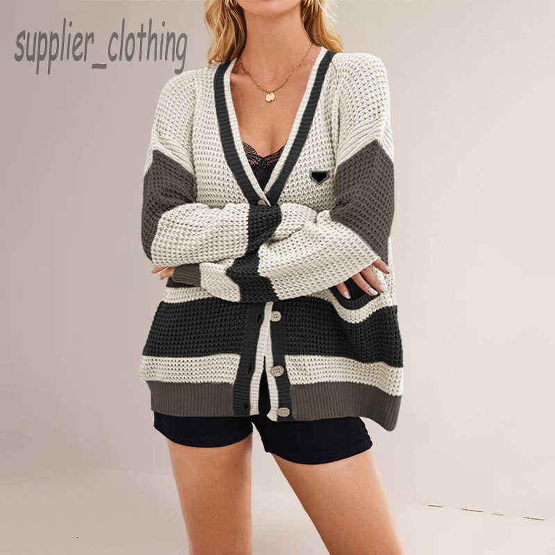 Women's Sweaters designer new autumn and winter knitted jacket V-neck plus size pocket color blocked cardigan sweater for women W58O DF5Q