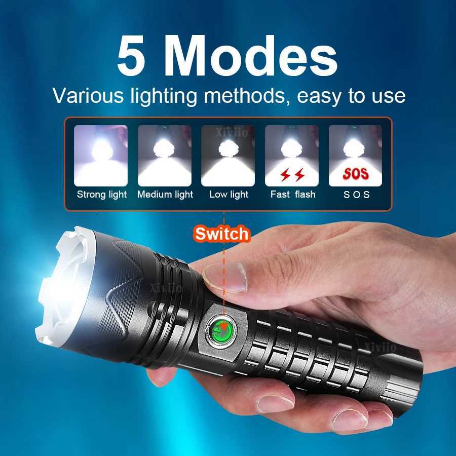 5000000LM Powerful Flashlight USB Rechargeable Flashlights Long Range 3500M Tactical Torch Outdoor Fishing Camping Zoom Lanterns D250928
