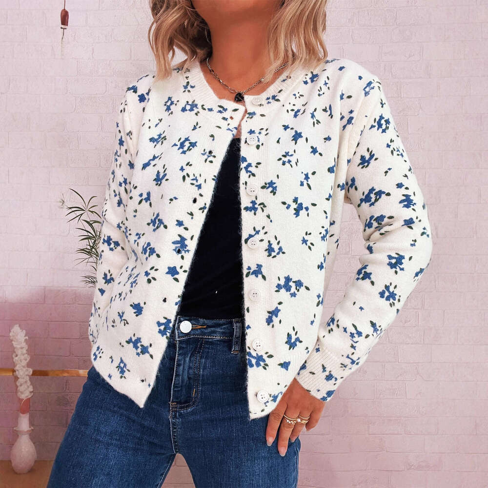Autumn and Winter New Simple Floral Print Knitted Cardigan Commuter Round Neck Long Sleeve Jacket for Women