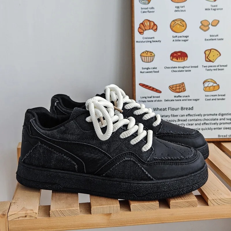 Shoes Students Increase Black Soft-soled Wear-resistant Shoes Men's Thick-Sole Comfortable Athletic Sneakers - Black Durable Canvas with Elastic 