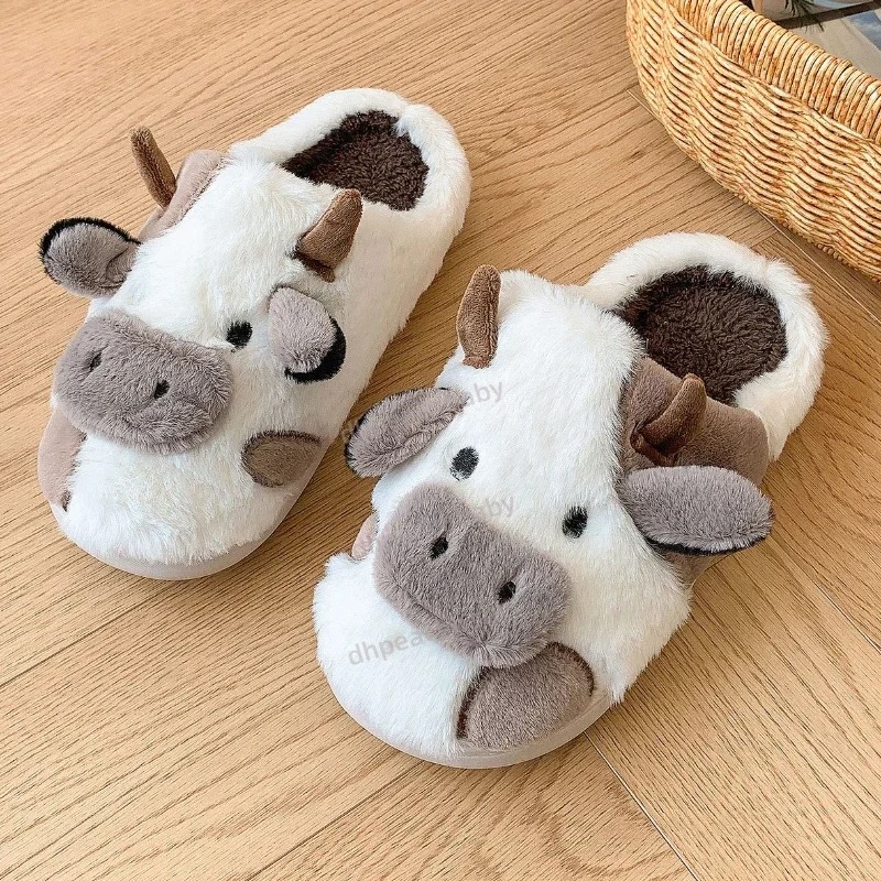 Plush Cow Print Flats for Men Women Comfortable Indoor Non-Skid Footwear Toecover Feature Winter warm cotton shoes Toe Wrap Warm Plaid Cotton Slippers