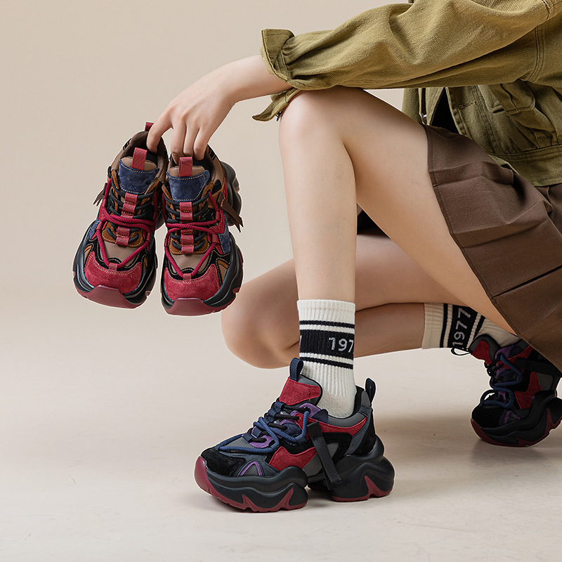 Real leather dad women's shoes 2025 new multifunctional designer thick soled retro sports shoes fashionable