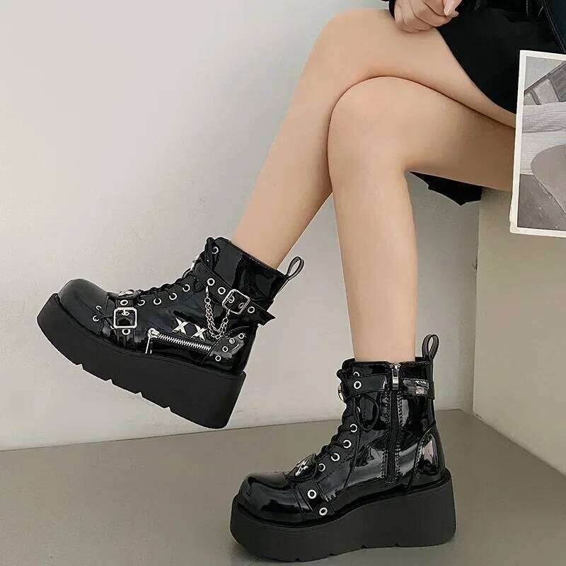 Platform Wedges Women Ankle Autumn Winter Gothic Street Comfy Fashion Cool Woman Shoes Motorcycle Boots Big Size 43