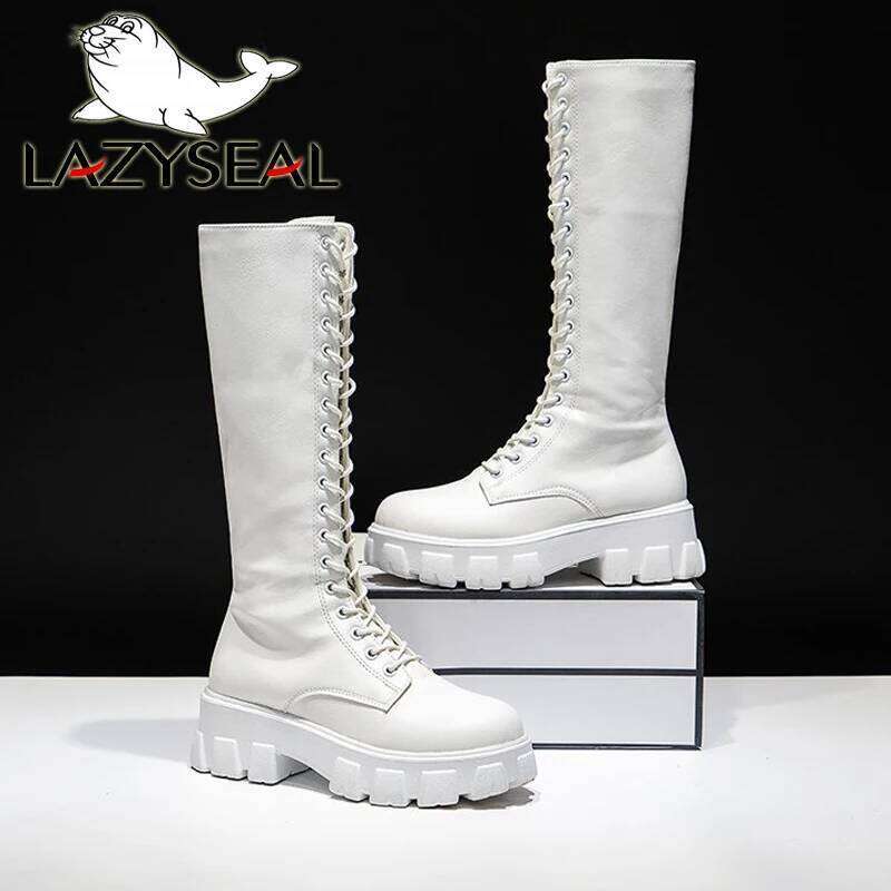 LazySeal Winter Long Boot Women White Lace Up Zip Height Increasing Pu Leather Shoes Plush Botas Mujer Big Size 43